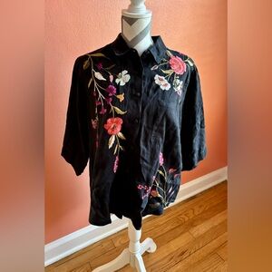 Johnny Was Black Button-Down Shirt with Multicolor Floral Embroidery